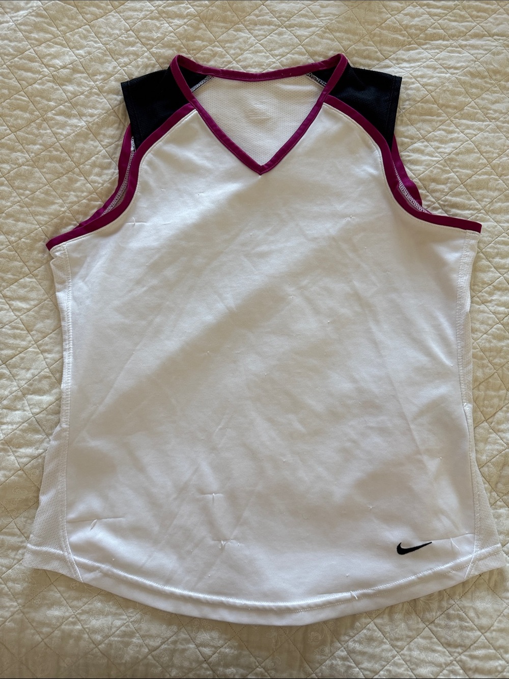 Nike White Sleeveless Athletic Tank with Burgundy Trim and Black Accents